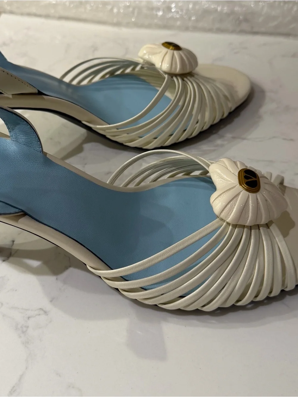 Ivory Strappy Slingback Heels with Heart Detail